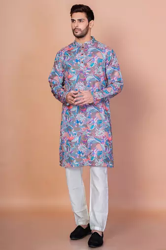 Multicolor cotton blend kurta pyjama set for men with printed design