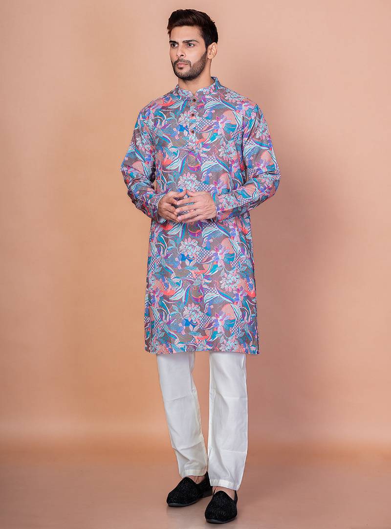 Multicolor cotton blend kurta pyjama set for men with printed design