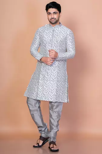 Grey banarasi silk kurta churidar set for men with solid design