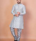 Grey banarasi silk kurta churidar set for men with solid design
