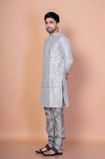 Grey banarasi silk kurta churidar set for men with solid design