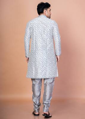 Grey banarasi silk kurta churidar set for men with solid design 4