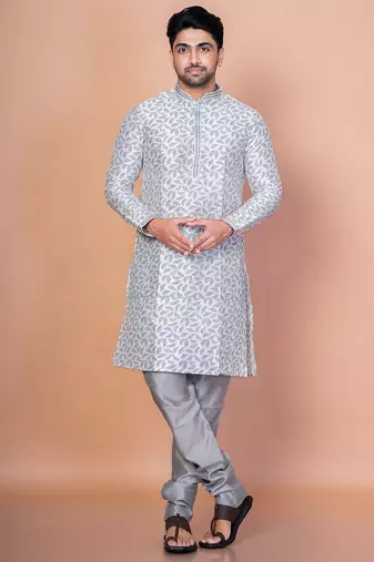 Grey banarasi silk kurta churidar set for men with solid design
