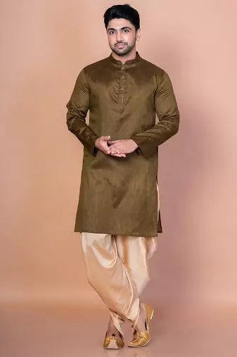 Olive banarasi silk kurta patiala set for men with solid design