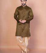 Olive banarasi silk kurta patiala set for men with solid design