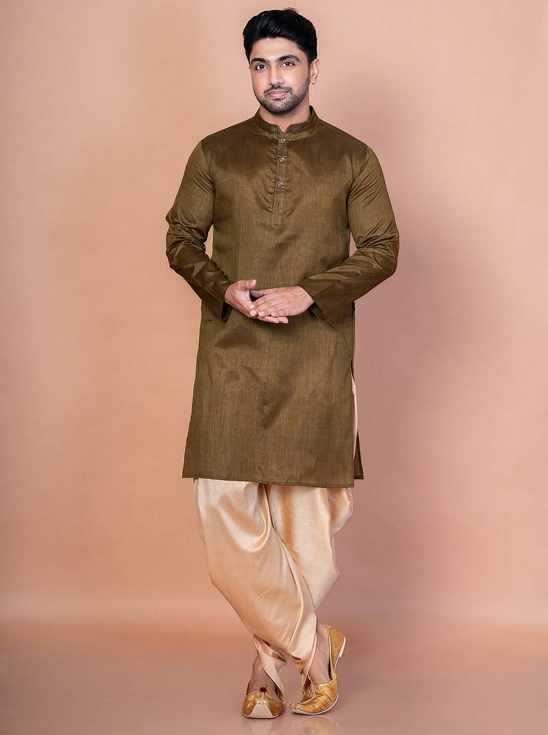Olive banarasi silk kurta patiala set for men with solid design
