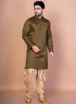 Olive banarasi silk kurta patiala set for men with solid design 2