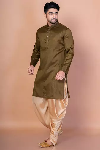 Olive banarasi silk kurta patiala set for men with solid design