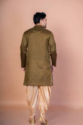 Olive banarasi silk kurta patiala set for men with solid design 4
