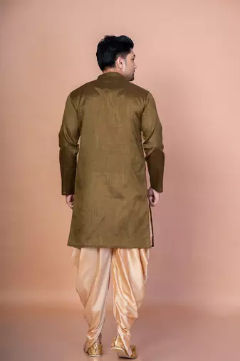 Olive banarasi silk kurta patiala set for men with solid design
