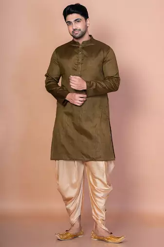 Olive banarasi silk kurta patiala set for men with solid design