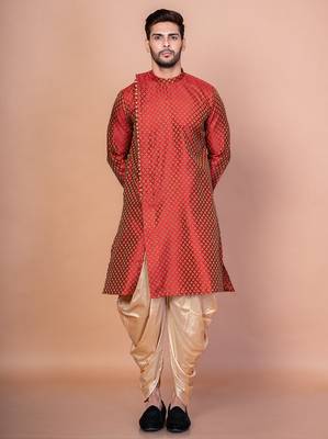 Orange banarasi silk kurta patiala set for men with printed design 1