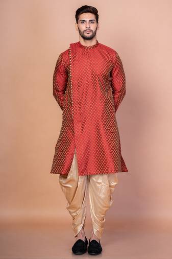 Orange banarasi silk kurta patiala set for men with printed design
