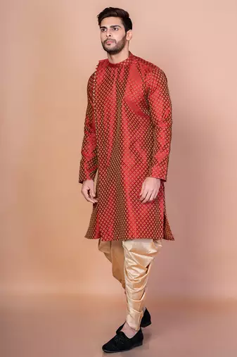Orange banarasi silk kurta patiala set for men with printed design
