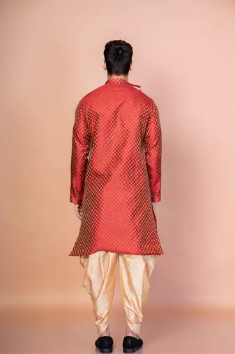 Orange banarasi silk kurta patiala set for men with printed design
