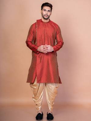Orange banarasi silk kurta patiala set for men with printed design 5