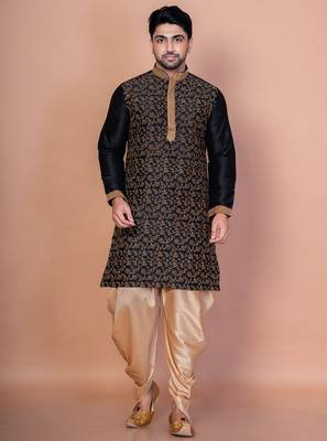 Black banarasi silk kurta patiala set for men with embroidery work 1