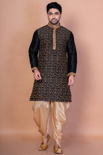 Black banarasi silk kurta patiala set for men with embroidery work