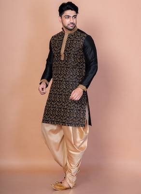 Black banarasi silk kurta patiala set for men with embroidery work 2