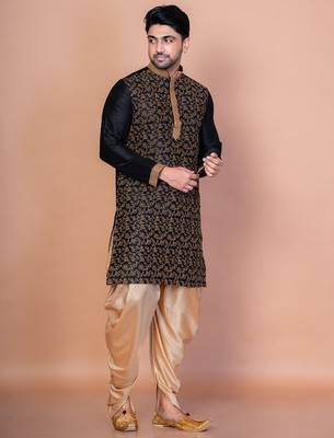 Black banarasi silk kurta patiala set for men with embroidery work 3