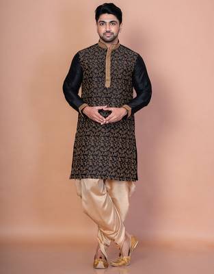 Black banarasi silk kurta patiala set for men with embroidery work 5
