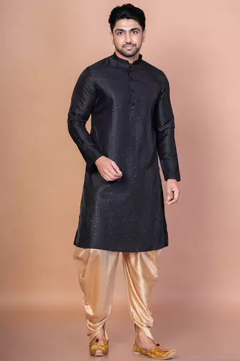 Black bangalorian silk kurta for men with embroidery work