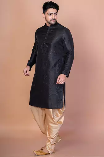 Black bangalorian silk kurta for men with embroidery work