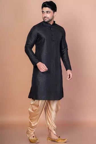 Black bangalorian silk kurta for men with embroidery work