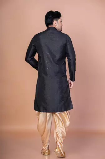 Black bangalorian silk kurta for men with embroidery work