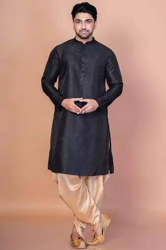 Black bangalorian silk kurta for men with embroidery work