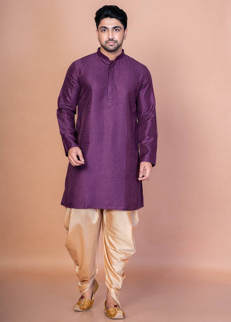 Purple bangalorian silk kurta for men with embroidery work