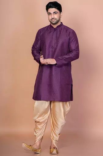 Purple bangalorian silk kurta for men with embroidery work