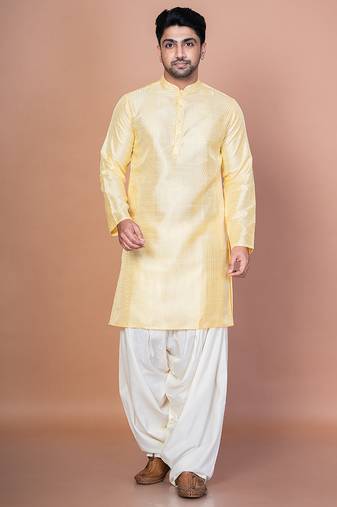 Lemon bangalorian silk kurta for men with embroidery work
