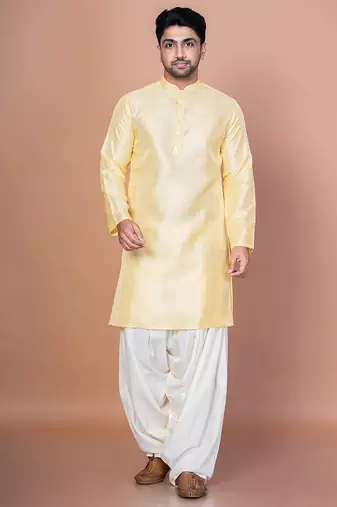 Lemon bangalorian silk kurta for men with embroidery work