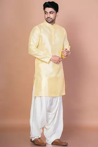 Lemon bangalorian silk kurta for men with embroidery work