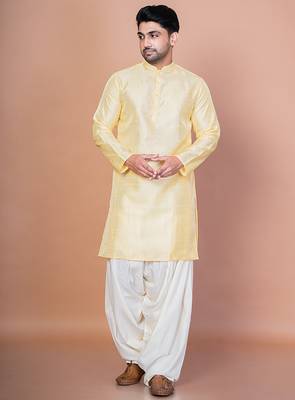Lemon bangalorian silk kurta for men with embroidery work 5