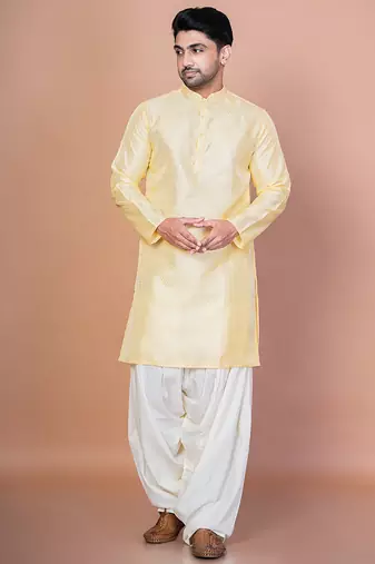 Lemon bangalorian silk kurta for men with embroidery work