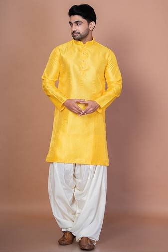 Golden bangalorian silk kurta for men with embroidery work