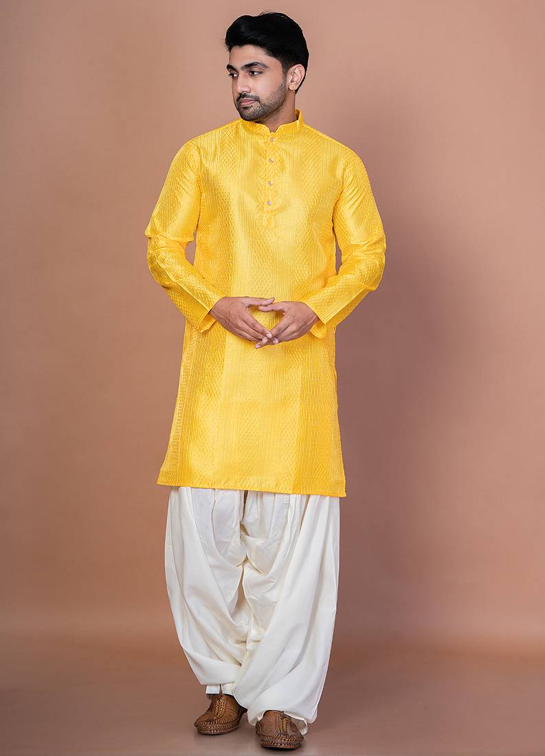 Golden bangalorian silk kurta for men with embroidery work