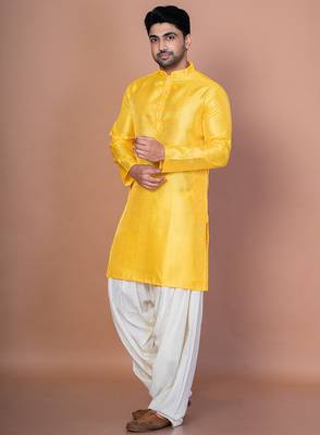 Golden bangalorian silk kurta for men with embroidery work 2