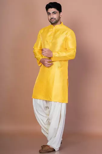 Golden bangalorian silk kurta for men with embroidery work