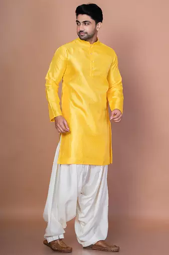 Golden bangalorian silk kurta for men with embroidery work