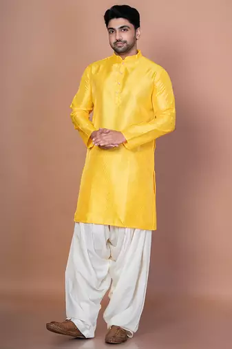 Golden bangalorian silk kurta for men with embroidery work