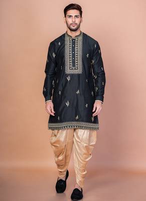 Black cotton blend kurta for men with embroidery work 1