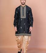 Black cotton blend kurta for men with embroidery work