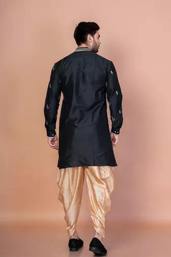 Black cotton blend kurta for men with embroidery work