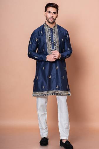 Navy blue cotton blend kurta for men with embroidery work
