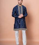 Navy blue cotton blend kurta for men with embroidery work