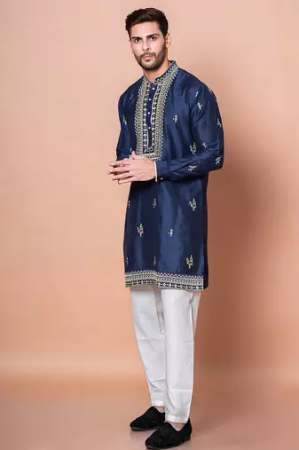 Navy blue cotton blend kurta for men with embroidery work