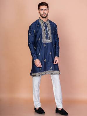 Navy blue cotton blend kurta for men with embroidery work 3
